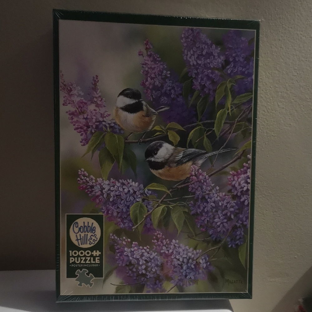 Cobble Hill Puzzle Company Chickadees & Purple Lilacs Sealed 1,000 Piece Puzzle